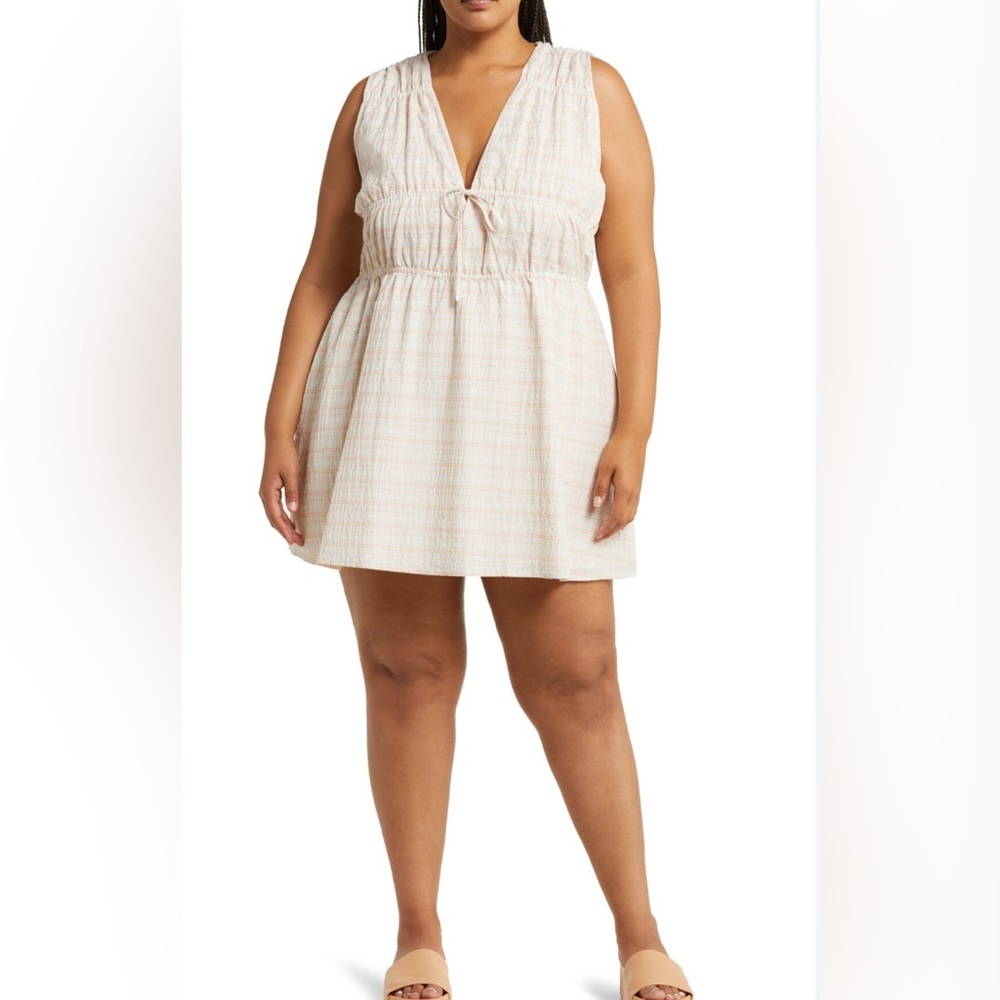 Treasure & Bond Plaid Shirred Cotton Blend Dress Ivory Honey Plaid 1X